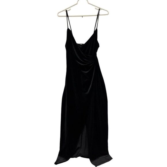 Zara Womens Velvet Midi Dress Size M Black draped Vneck Cocktail 9246/617 NWT - Picture 3 of 12